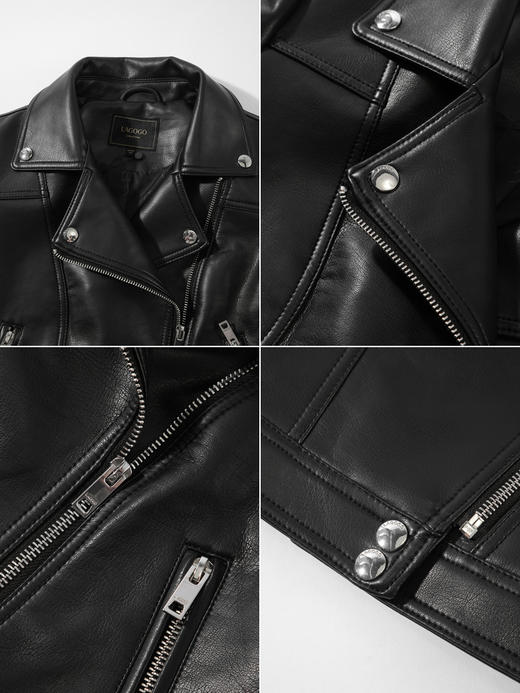 Lagogo拉谷谷2022年春季新款翻领黑色外套女短款皮衣摩登气质显瘦LARR132A43 商品图2