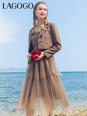 Lagogo拉谷谷2022春季新款气质西装领外套拼接网纱连衣裙两件套女LALL831C65