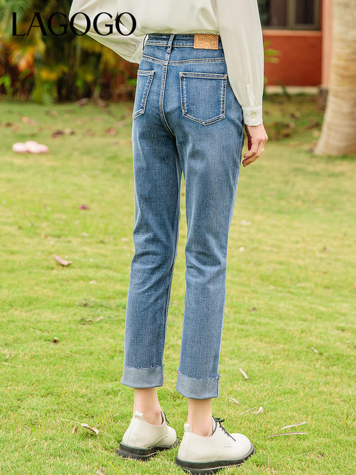 Lagogo拉谷谷2022年春季新款高腰蓝色牛仔裤女长裤百搭翻边直筒裤 LANN432A93 商品图3