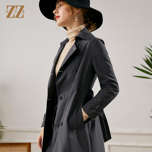 佐尔美2022春新款气质中长款经典束腰双排扣英伦长风衣E13FC09 商品图4