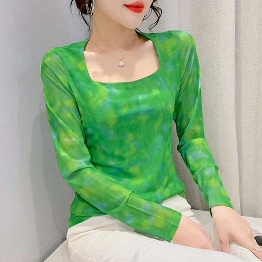 设计感方领修身打底衫，洋气晕染网纱T恤KQL-9120 商品图0