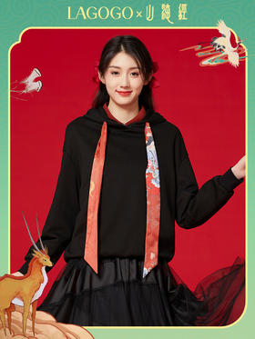 Lagogo拉谷谷2022春季新款连帽黑色长袖卫衣女复古LAEE411C03