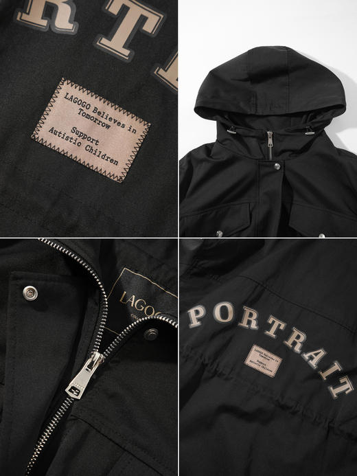 Lagogo拉谷谷2022春季新款连帽字母黑色风衣女中长款 LAFF232A50 商品图2