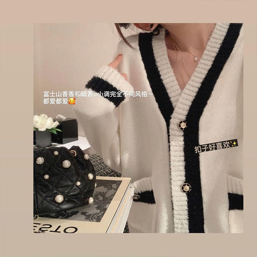 香香黑 镂空XS 金蘑菇菇【富士山香香】谁穿都好看的黑白气质甜v领针织开衫 商品图3