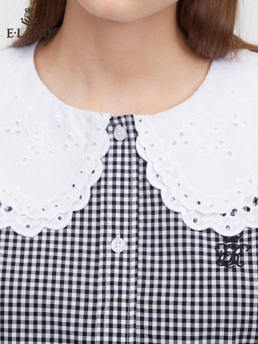 ELAND衣恋2022年春季新款小众设计感甜美花边领灰色格纹衬衫女EEBWC12H1B 商品图3