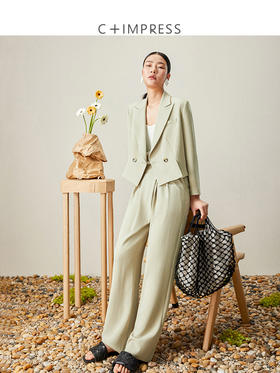 西嘉醋酸特殊分割设计 通勤简约短款小西装女高腰斜门襟褶裥及地西裤