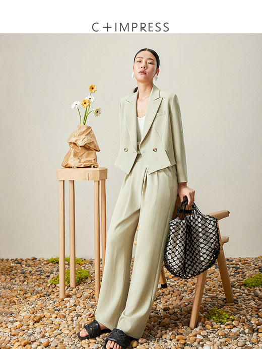 西嘉醋酸特殊分割设计 通勤简约短款小西装女高腰斜门襟褶裥及地西裤 商品图0