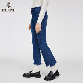 ELAND衣恋2022年春季复古港风裤脚毛边显瘦喇叭纯色牛仔裤女EETJC12H2M