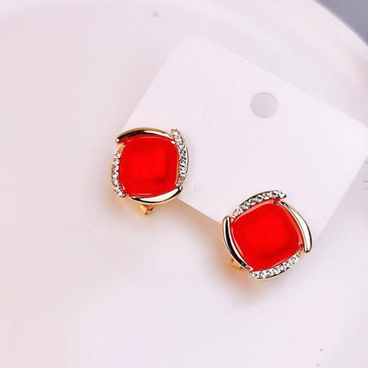 JU-FG0301新款菱形红色珍珠耳环港风方形温柔气质耳扣耳坠女欧美耳饰 商品图1