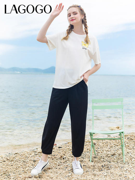 Lagogo拉谷谷2022年春季新款松紧高腰黑色休闲裤子女九分裤直筒裤LAKK432A71 商品图1