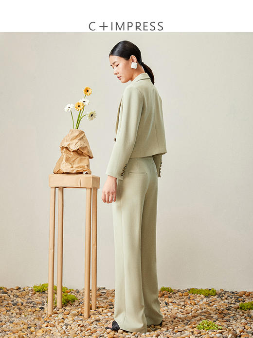 西嘉醋酸特殊分割设计 通勤简约短款小西装女高腰斜门襟褶裥及地西裤 商品图2