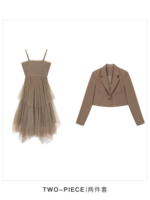 Lagogo拉谷谷2022春季新款气质西装领外套拼接网纱连衣裙两件套女LALL831C65 商品图3
