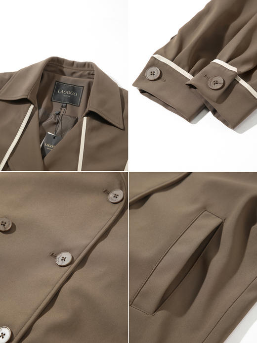 Lagogo拉谷谷2022年春季新款西装领系带双排扣学院风风衣女咖啡色LAFF332C44 商品图2