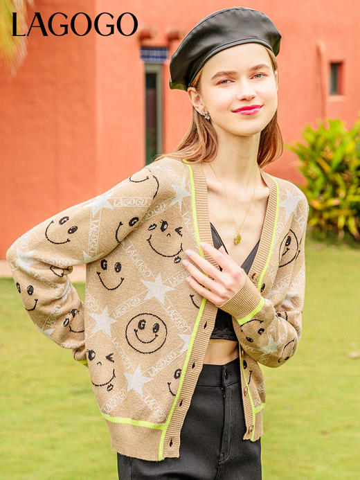 Lagogo拉谷谷2022春季新款V领开衫学院风笑脸针织衫女设计感宽松LAMM872A31 商品图1