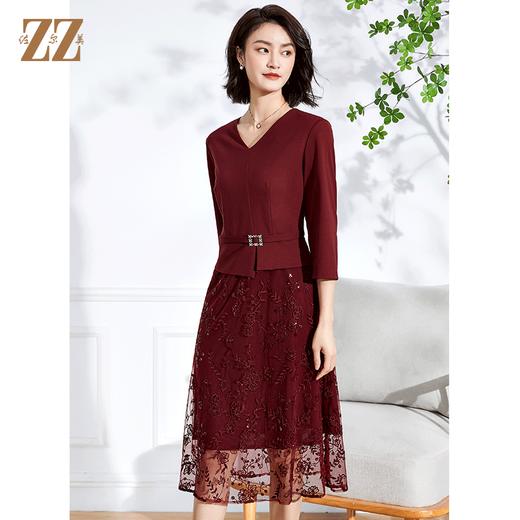 佐尔美2022春夏新款 蕾丝网纱7分袖收腰绣花连衣裙中长女E11LL28 商品图1