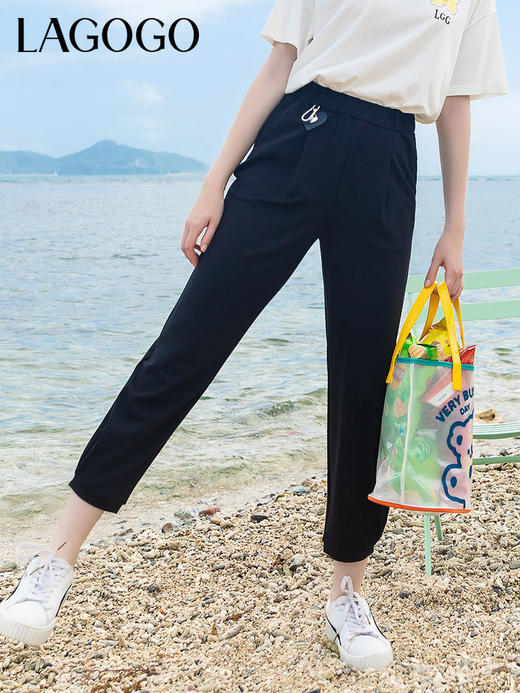 Lagogo拉谷谷2022年春季新款松紧高腰黑色休闲裤子女九分裤直筒裤LAKK432A71 商品图0