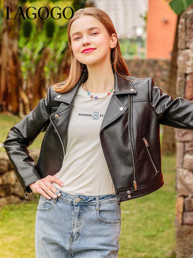 Lagogo拉谷谷2022年春季新款翻领黑色外套女短款皮衣摩登气质显瘦LARR132A43