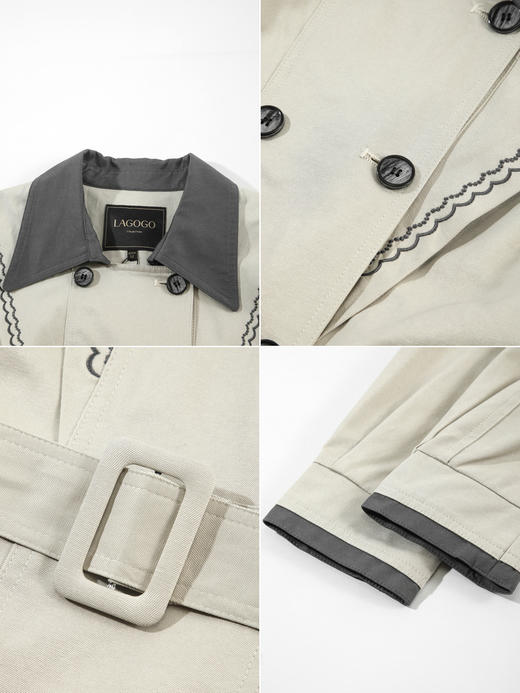 Lagogo拉谷谷2022春季新款翻领中长款双排扣灰驼色风衣女修身外套 LAFF232C43 商品图3