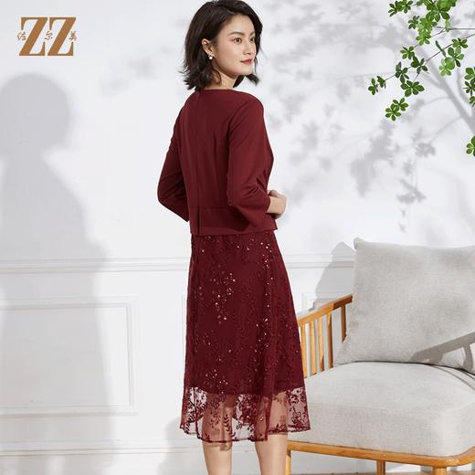 佐尔美2022春夏新款 蕾丝网纱7分袖收腰绣花连衣裙中长女E11LL28 商品图4