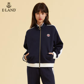ELAND衣恋2022年春季新款甜酷藏青色撞色立领拉链运动卫衣女EEMTC12E3B