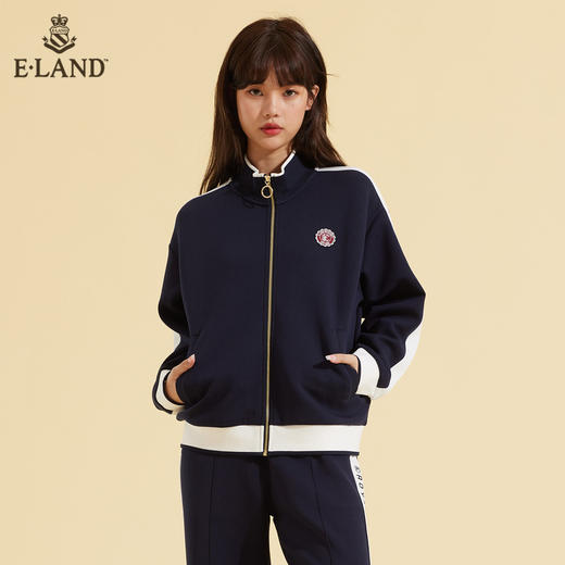 ELAND衣恋2022年春季新款甜酷藏青色撞色立领拉链运动卫衣女EEMTC12E3B 商品图0