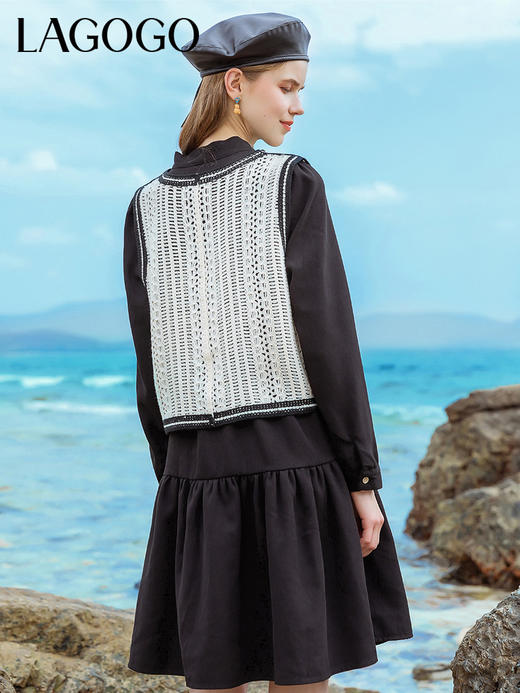 Lagogo拉谷谷2022春季新款学院风马甲黑色高腰V领连衣裙两件套女LALL832A61 商品图2