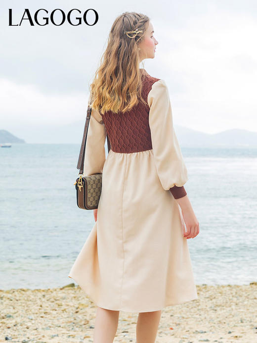 Lagogo拉谷谷2022年春季新款高腰撞色拼接复古气质连衣裙女学院风LALL751C62 商品图3