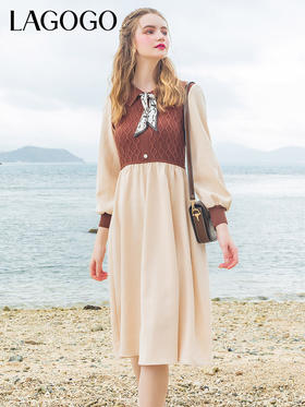 Lagogo拉谷谷2022年春季新款高腰撞色拼接复古气质连衣裙女学院风LALL751C62