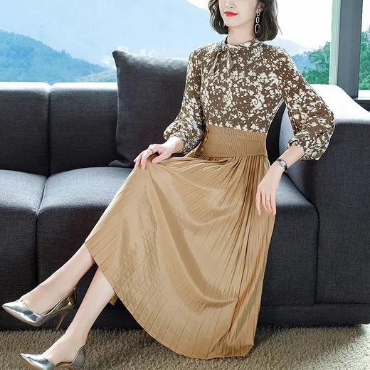 NSM2078 2022秋季新款时尚洋气碎花百褶修身显瘦过膝中长款褶皱连衣裙 商品图0