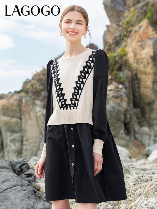 Lagogo拉谷谷2022年春季新款圆领泡泡袖拼接连衣裙女松紧腰假两件LALL452A63 商品图1