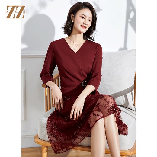 佐尔美2022春夏新款 蕾丝网纱7分袖收腰绣花连衣裙中长女E11LL28 商品图2