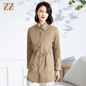 佐尔美2022春季新款气质时尚收腰百搭卡其色绿色中长风衣E13FZ41