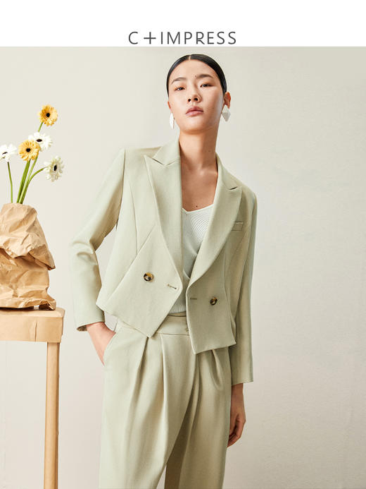 西嘉醋酸特殊分割设计 通勤简约短款小西装女高腰斜门襟褶裥及地西裤 商品图1