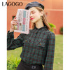 Lagogo拉谷谷2022年春季新款立领单排扣泡泡袖格子立领衬衫女文艺LACC441A14 商品缩略图1
