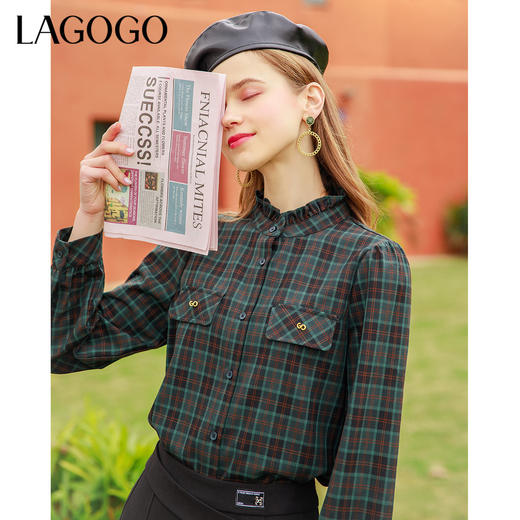 Lagogo拉谷谷2022年春季新款立领单排扣泡泡袖格子立领衬衫女文艺LACC441A14 商品图1