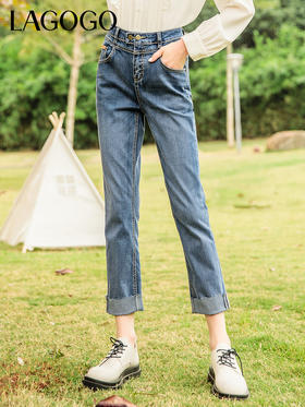 Lagogo拉谷谷2022年春季新款高腰蓝色牛仔裤女长裤百搭翻边直筒裤 LANN432A93