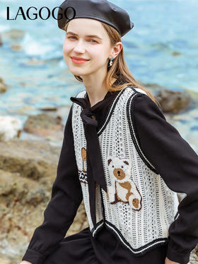 Lagogo拉谷谷2022春季新款学院风马甲黑色高腰V领连衣裙两件套女LALL832A61