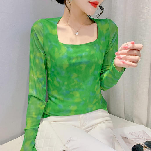 设计感方领修身打底衫，洋气晕染网纱T恤KQL-9120 商品图3