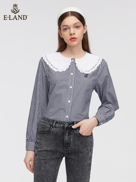 ELAND衣恋2022年春季新款小众设计感甜美花边领灰色格纹衬衫女EEBWC12H1B
