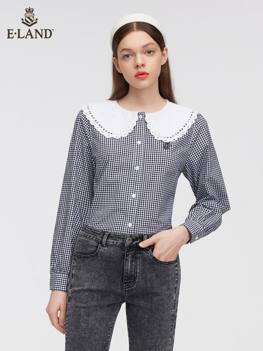 ELAND衣恋2022年春季新款小众设计感甜美花边领灰色格纹衬衫女EEBWC12H1B 商品图0