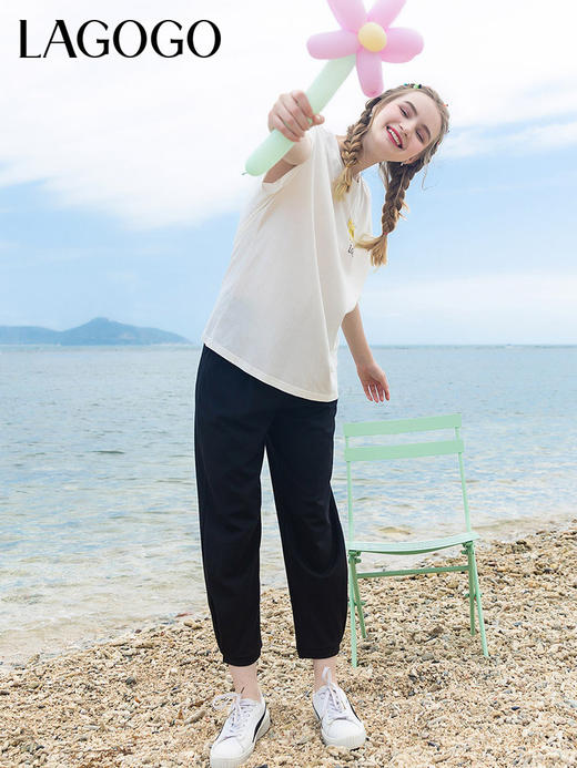 Lagogo拉谷谷2022年春季新款松紧高腰黑色休闲裤子女九分裤直筒裤LAKK432A71 商品图3