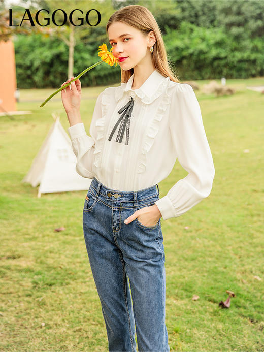 Lagogo拉谷谷2022年春季新款高腰蓝色牛仔裤女长裤百搭翻边直筒裤 LANN432A93 商品图1