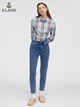 ELAND衣恋2022年春季新款简约复古别致学院风格纹刺绣长袖衬衫女EEYCC12E1M