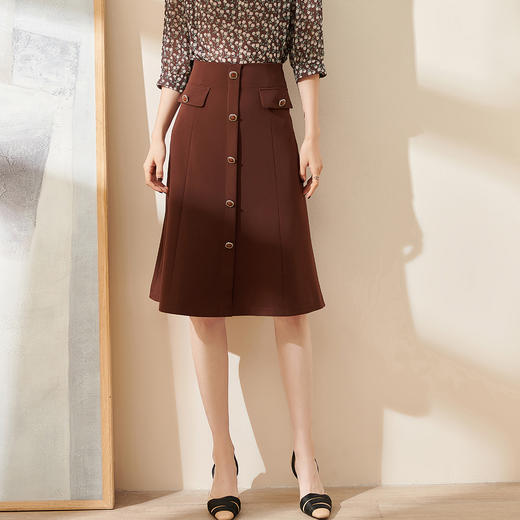 剩S 米思阳2024秋季新款通勤休闲深咖色半身裙扣子点缀a字直筒裙0787 商品图0