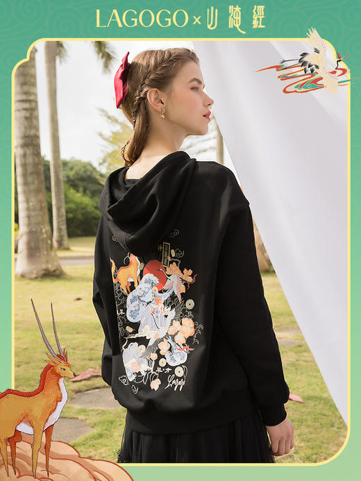 Lagogo拉谷谷2022春季新款连帽黑色长袖卫衣女复古LAEE411C03 商品图2