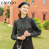 Lagogo拉谷谷2022年春季新款立领单排扣泡泡袖格子立领衬衫女文艺LACC441A14 商品缩略图0