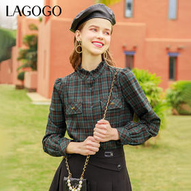 Lagogo拉谷谷2022年春季新款立领单排扣泡泡袖格子立领衬衫女文艺LACC441A14
