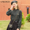 Lagogo拉谷谷2022年春季新款立领单排扣泡泡袖格子立领衬衫女文艺LACC441A14 商品缩略图3