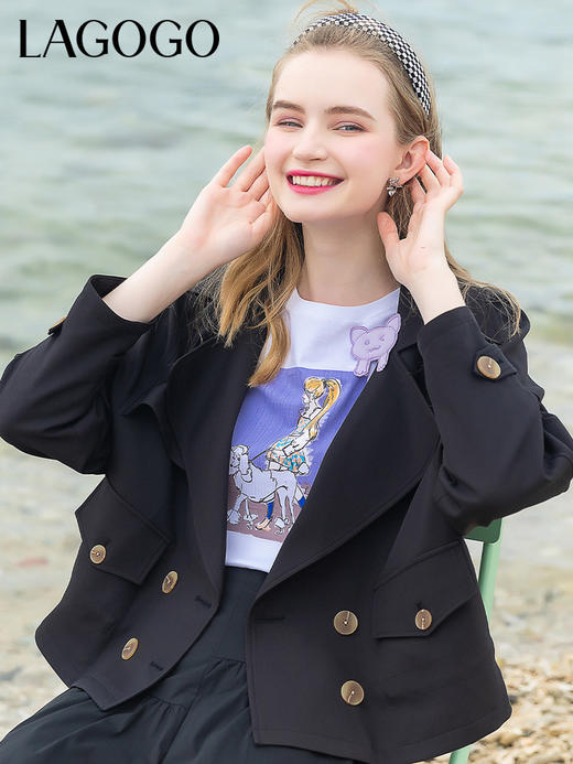 Lagogo拉谷谷2022春季新款黑色西装领气质通勤双排扣外套女高级感LAWW532A42 商品图0