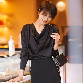 黑色衬衫女2022春季新款v领长袖气质减龄御姐范衬衣高级感